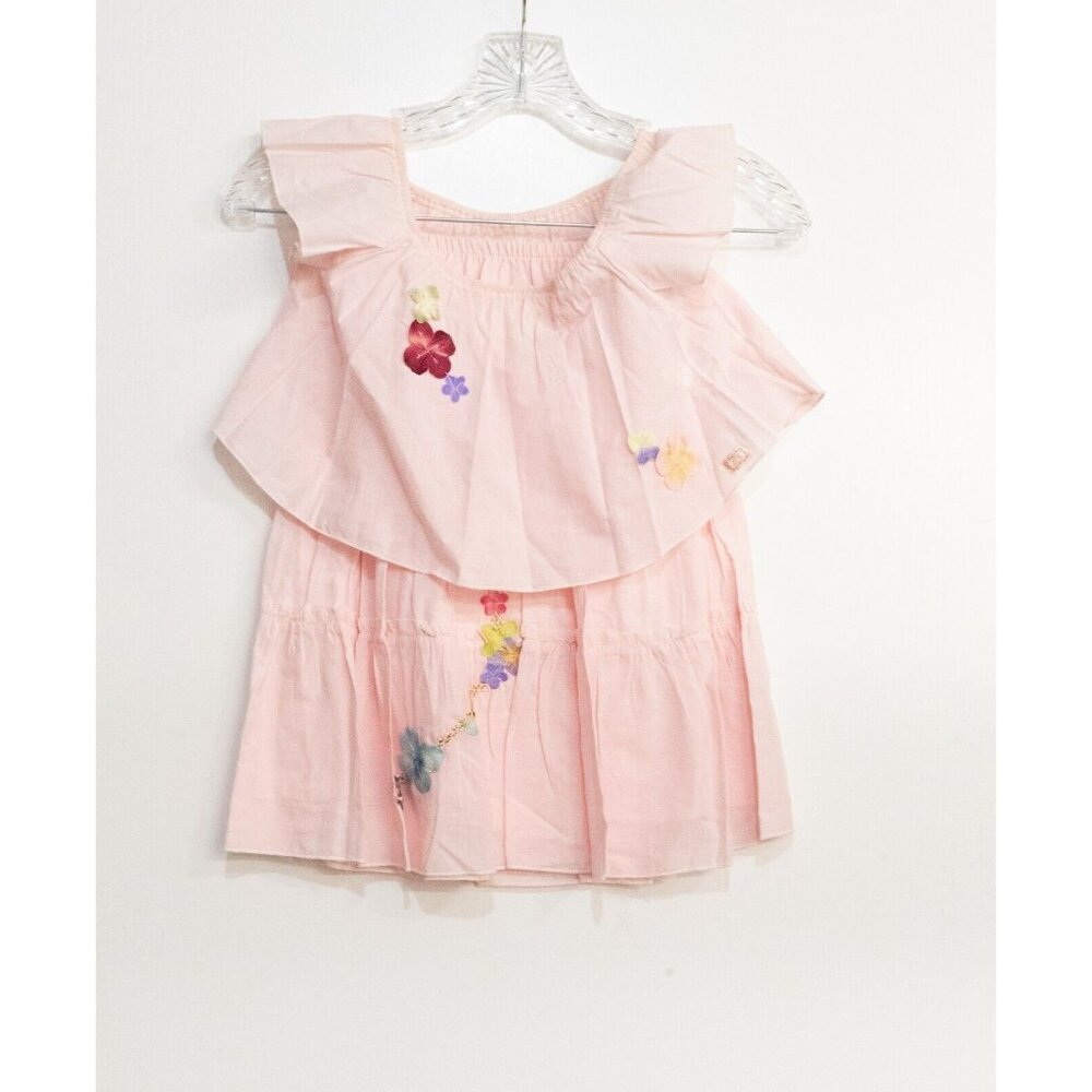 LE Collection Kids Girls Pink Cotton Blouse Floral Cap Sleeve Round Neck Size 5T